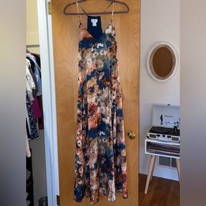 NWOT Nicole Miller floral satin maxi dress with pockets, size XS